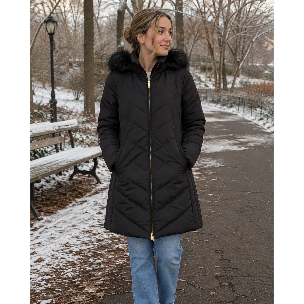 Talbots Puffer Coat Women LP Black Down Filled Faux Fur Hood Chevron Quilted